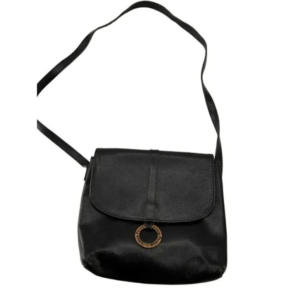 Vintage Louis Feraud Paris Black Leather Flap Shoulder Crossbody Bag Ring Detail